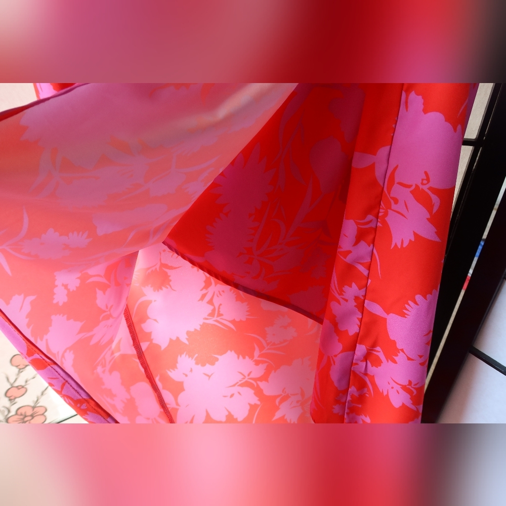 Pink and Red Floral Asymmetrical One Sleeve Off Shoulder Dress - Picture 6 of 12